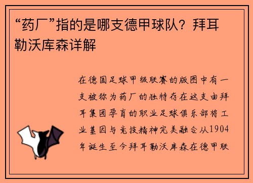 “药厂”指的是哪支德甲球队？拜耳勒沃库森详解